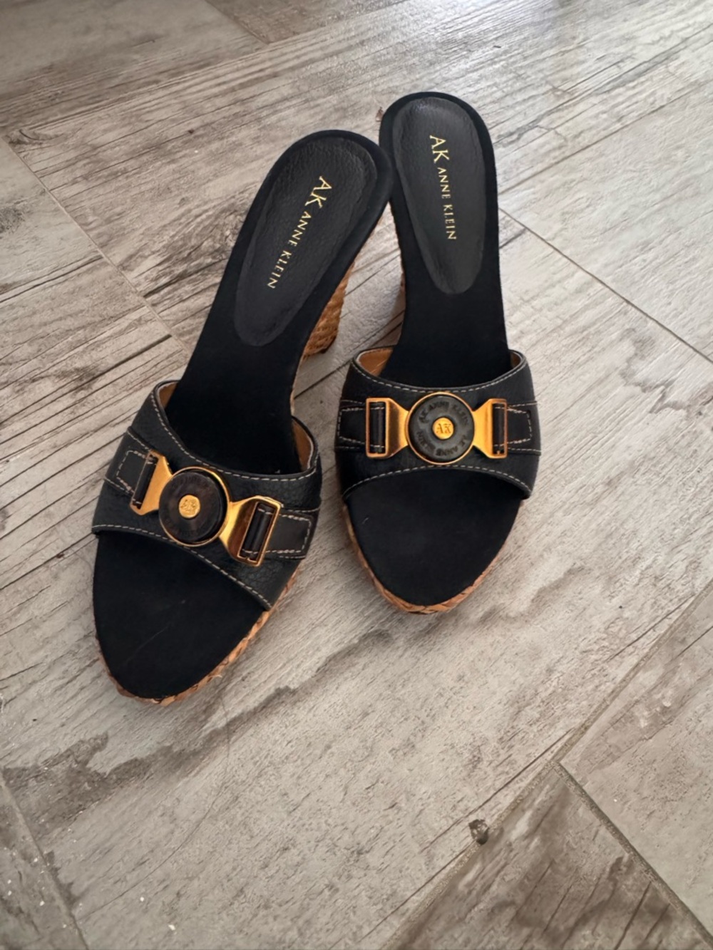 Anne Klein Black Slide Wedges with Gold Hardware